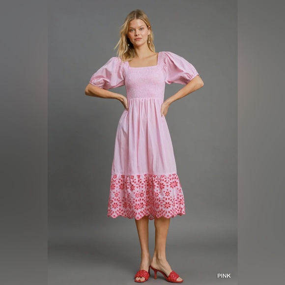 Dresses & Skirts - #63 New! Cotton Smocked Square-Neck Pink Midi Dress with Embroidered Hem